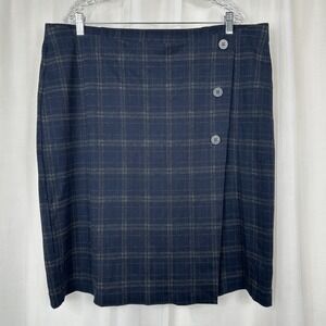 J Jill Womens Knee Skirt 2X Pull On Plaid Navy Brown Stretch Career Academia